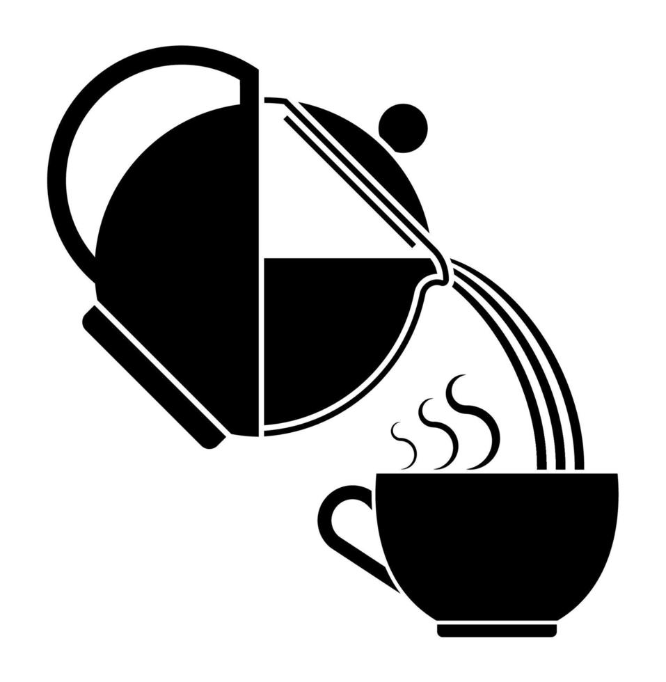 icon silhouette of glass teapot for tea drinking pours hot water into ceramic cup. Breakfast utensils. Black and white vector