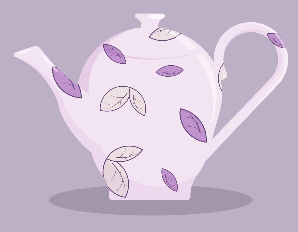 Ceramic teapot with floral ornament for tea drinking. Kitchenware, breakfast utensils. Vector in flat style