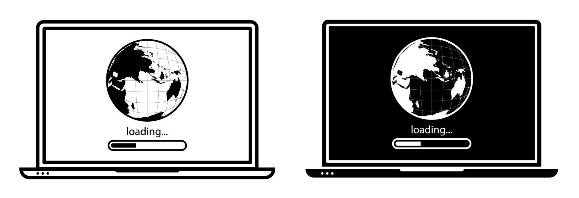 open laptop with symbol of downloading data from world wide web. Downloading and sending information on network. Modern digital communication technologies. Vector