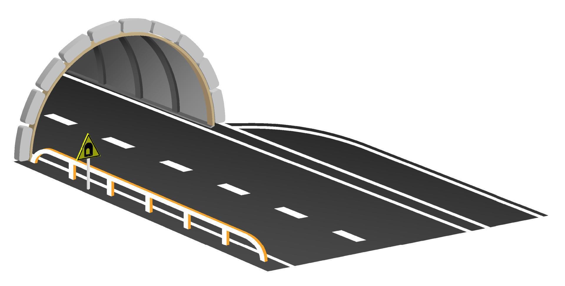 entrance to automobile tunnel with swith parking area and warning sign. Automobile bridge with arched tunnel in mountains. Vector