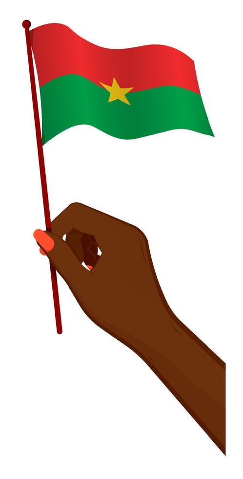 hembra mano suavemente sostiene pequeño bandera de burkina Faso. fiesta diseño elemento. dibujos animados vector en blanco antecedentes