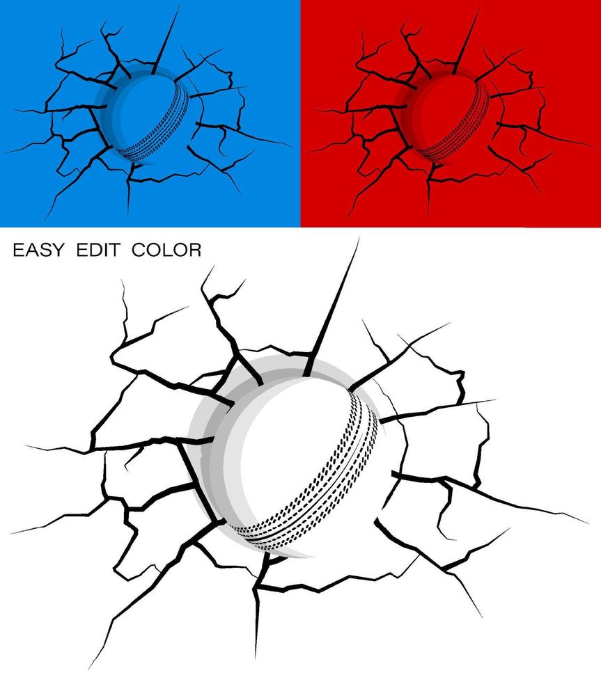 ball for cricket hit wall powerfully and damaged, cracks on wall. Sports design element. Active lifestyle. Vector on white or color background with cracks