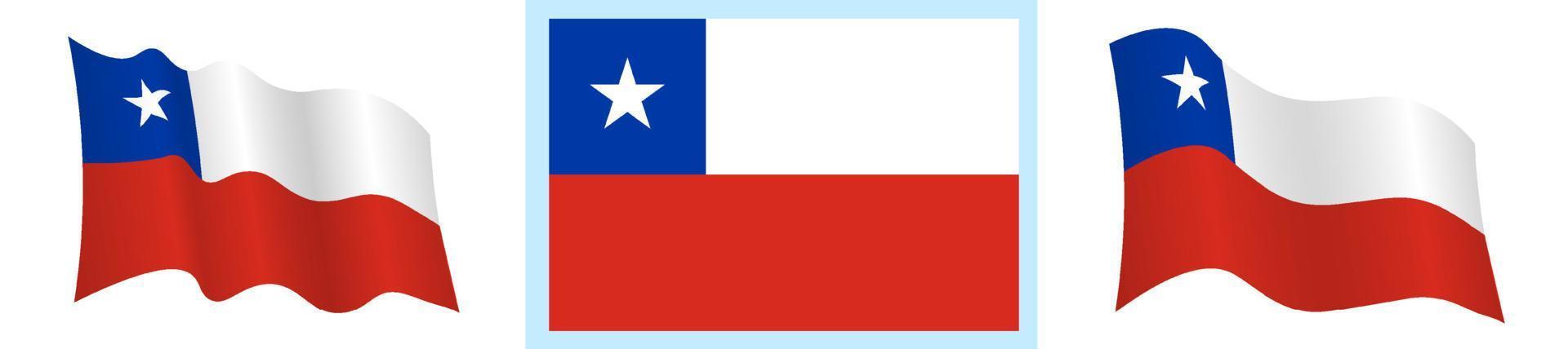 Chile flag in static position and in motion, fluttering in wind in exact colors and sizes, on white background vector