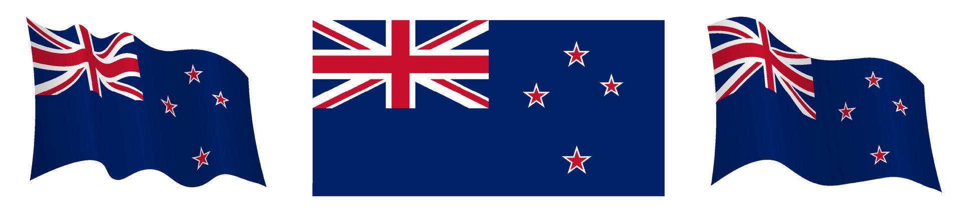 Flag of New zealand in static position and in motion, fluttering in the wind in exact colors and sizes, on white background vector