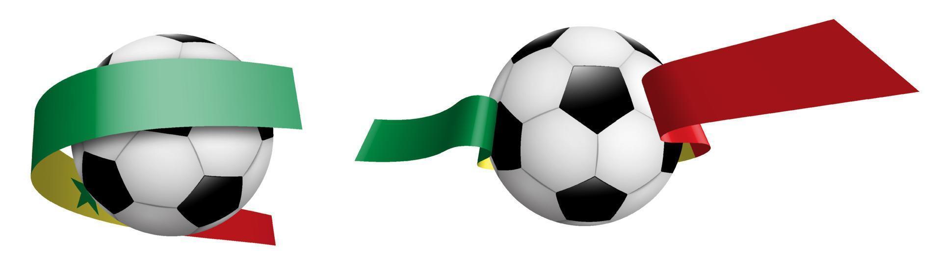 balls for soccer, classic football in ribbons with colors flag of republic of Senegal. Design element for football competitions. Isolated vector on white background