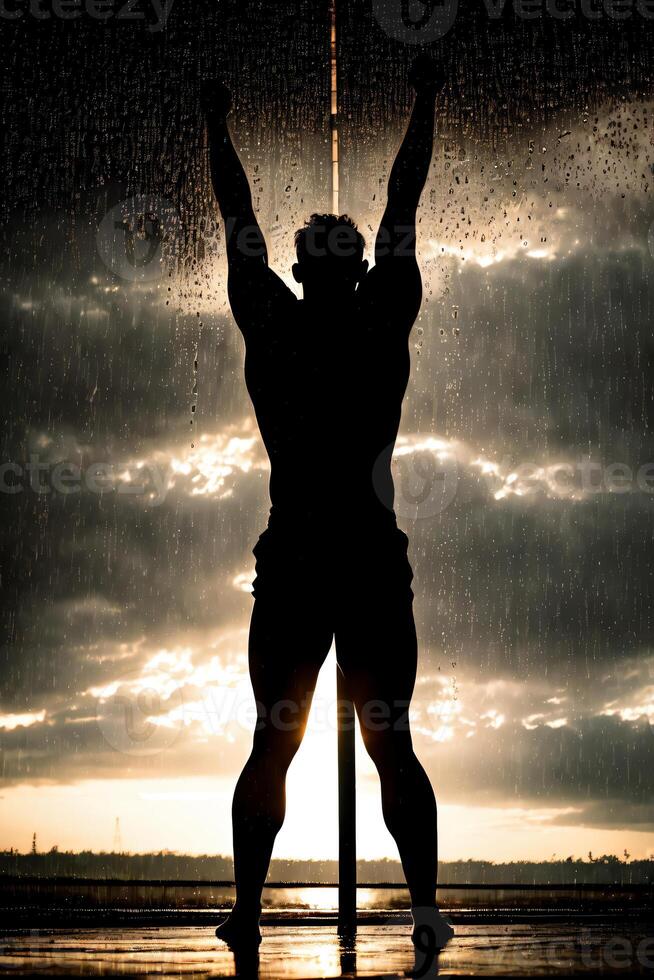 A man standing in the rain with his hands up, cinematic picture, poster. photo