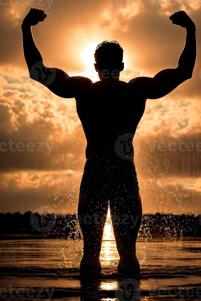 A man standing in the rain with his hands up, cinematic picture, poster. photo