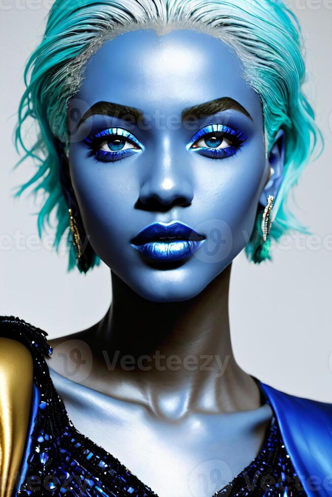 mujer con azul maquillaje y verde cabello, dorado pendientes y azul vestir con dorado chaqueta, digital prestar, afrofuturismo. generativo ai foto