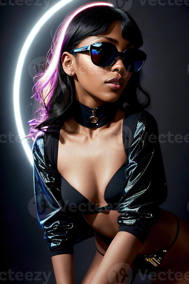 Fashion show, fashion model. Beautiful sexy dark skinned woman in black leather outfit and sunglasses posing for photo, shiny skin, bronze sculpture, afrofuturism. photo