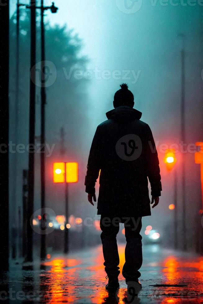 A man standing in the dark in the rain with a green light behind him that shines, anamorphic highlight, poster, neofigurative. photo