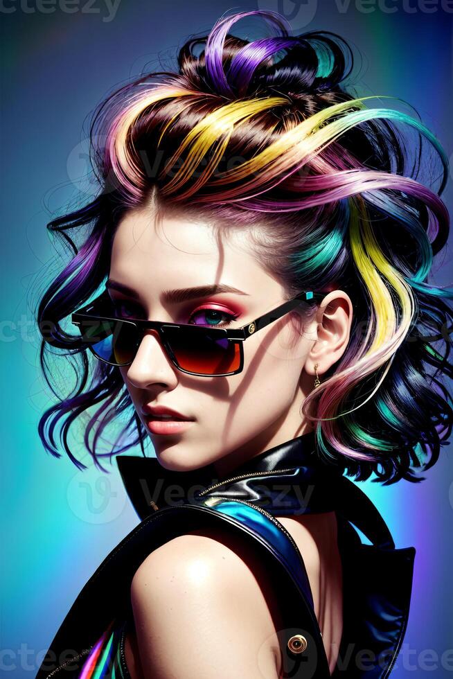 Moda espectáculo, Moda modelo. hermosa sexy mujer con brillante pelo y Gafas de sol, vistiendo un negro parte superior en su espalda y en un azul fondo, cyberpunk Arte. generativo ai foto