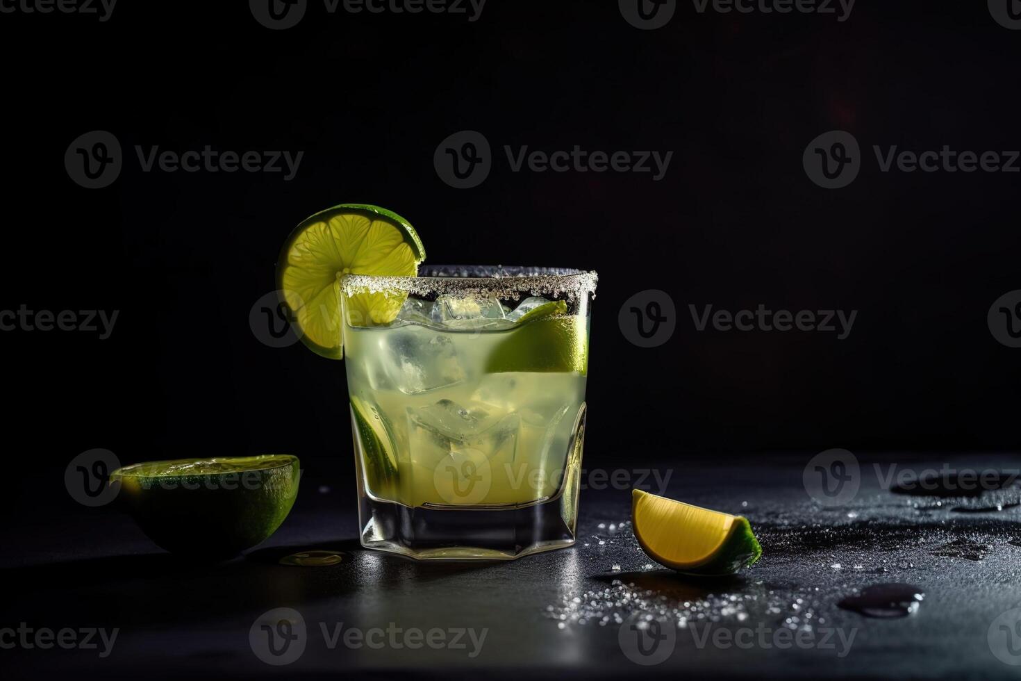 Margarita with limes in an old fashioned glass on a dark background. . photo