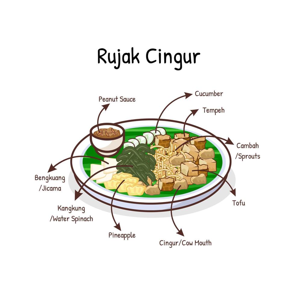 Rujak cingur mixture of fruits vegetables with spicy peanut sauce and slice of beef snouts vector