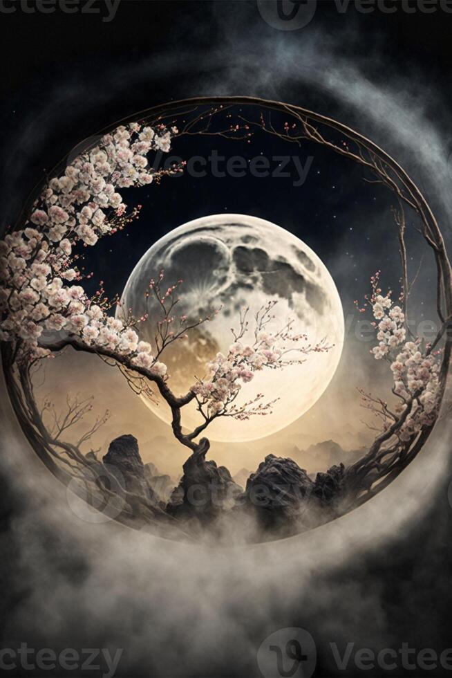 landscape under the moon a plum blossom. . photo