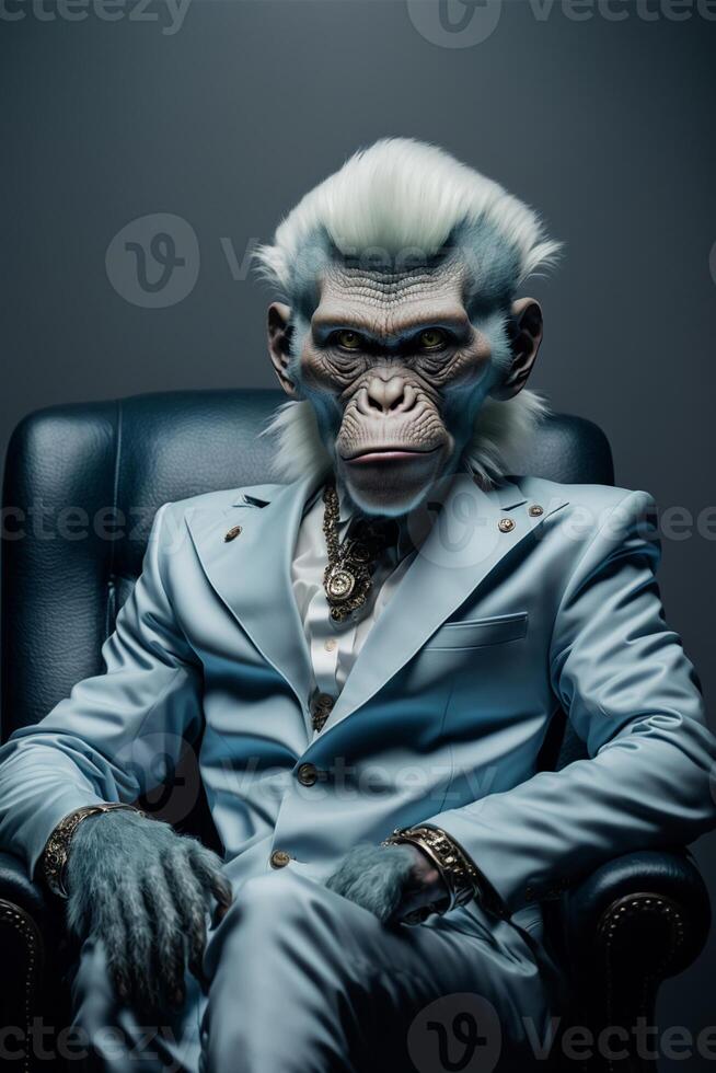 monkey in a suit sitting in a chair. . photo