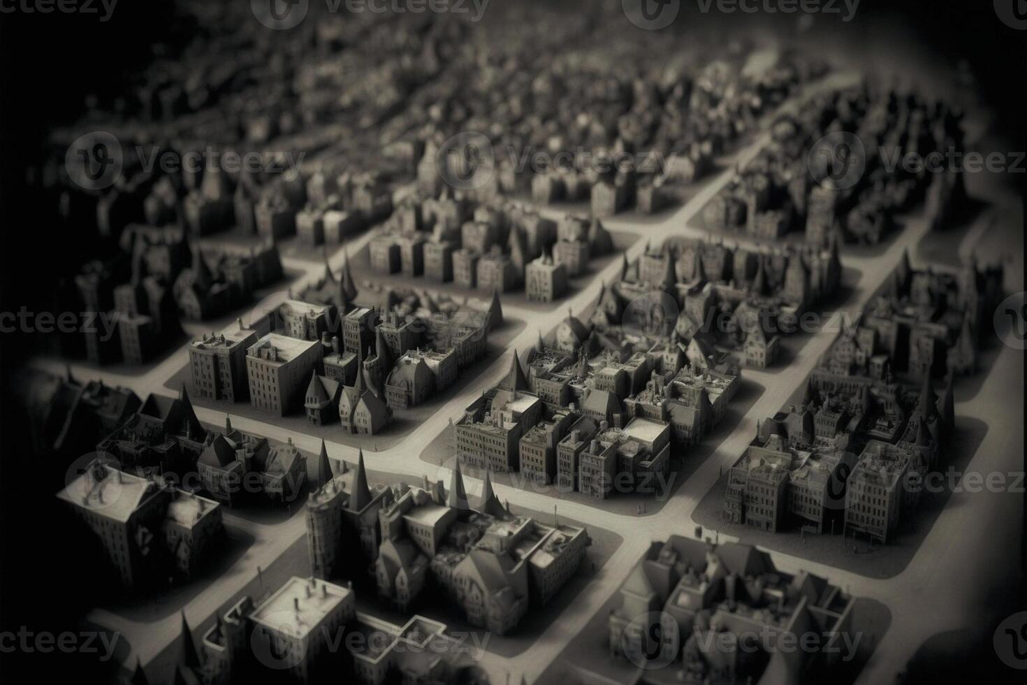 black and white photo of a model of a city. .