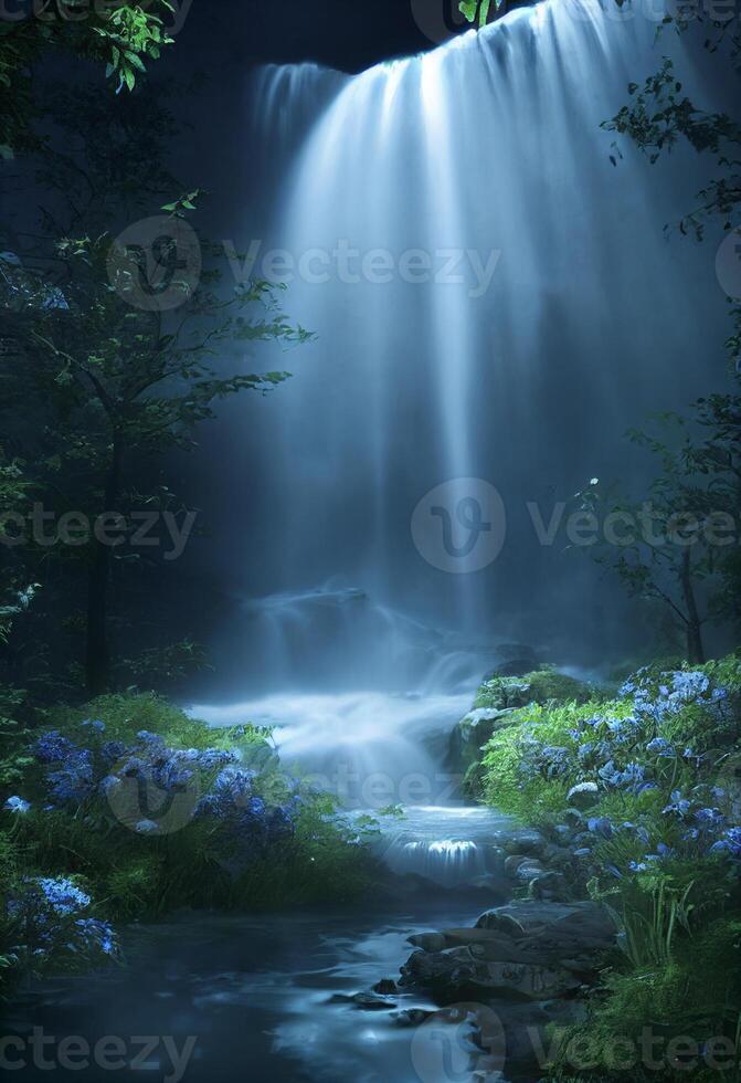 waterfall in the middle of a lush green forest. . photo