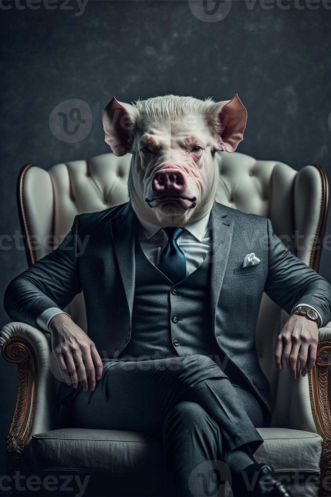 man in a suit sitting in a chair wearing a pig mask. . 22939084 Stock