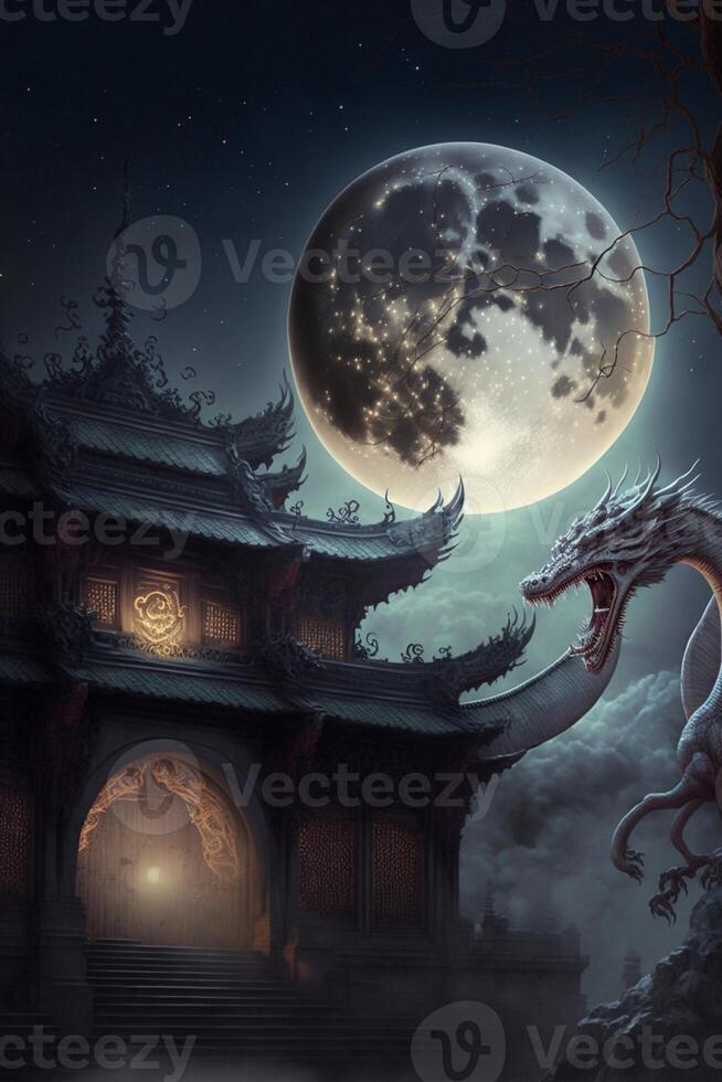 dragon in front of a building with a full moon in the background. . photo