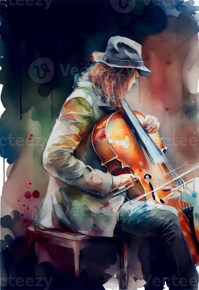 painting of a man playing a cello. . photo