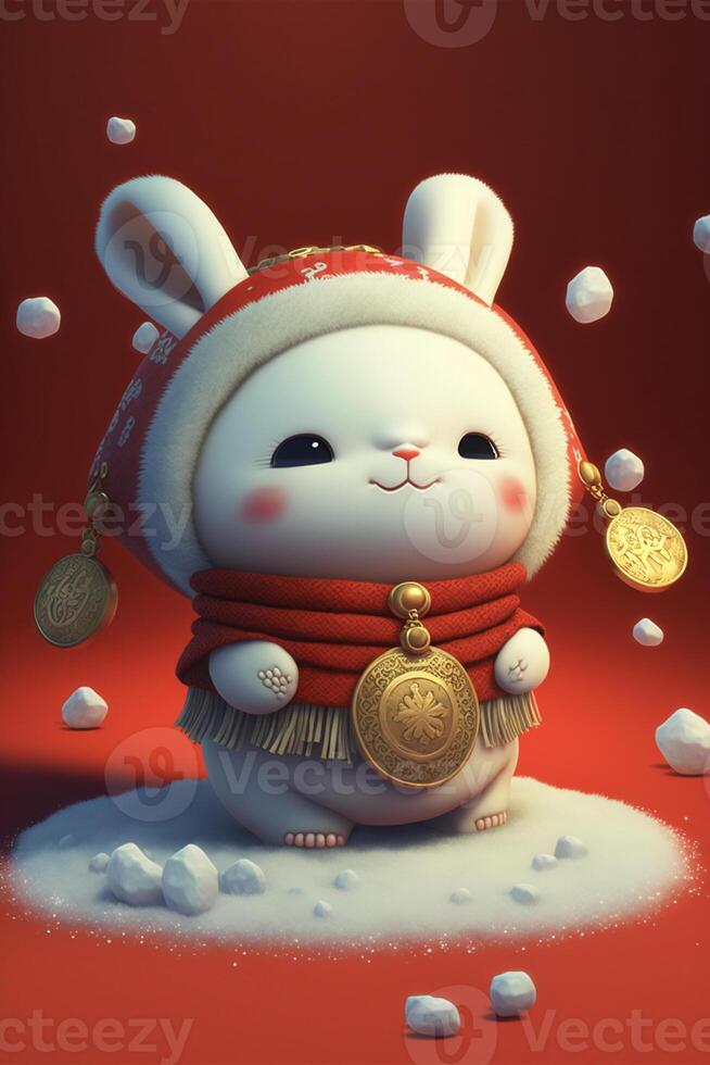 white rabbit wearing a red scarf and a gold coin. . photo