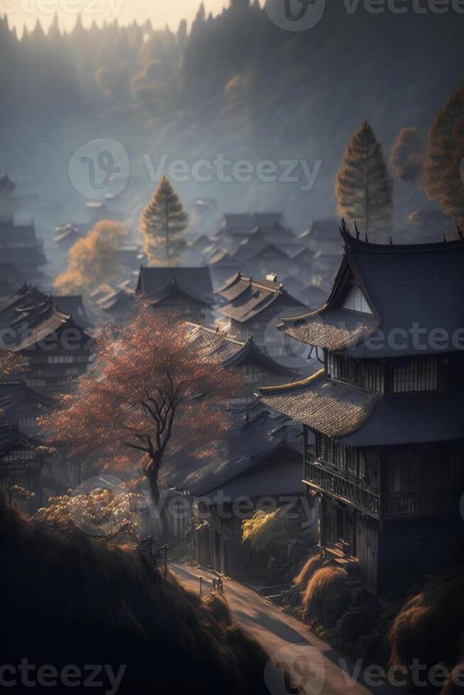 view of a village with a tree in the foreground. . photo