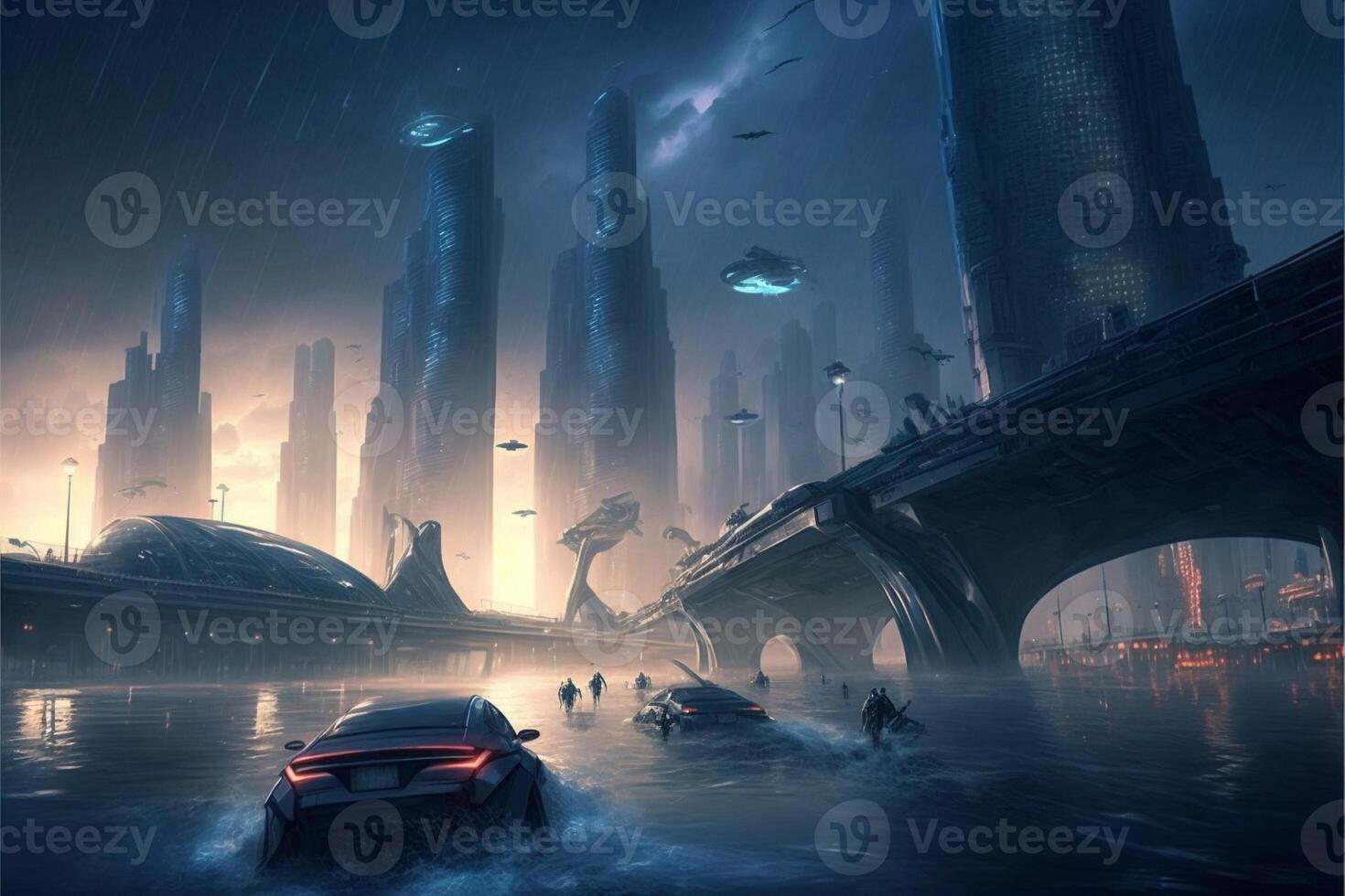car is driving through a flooded city. . photo