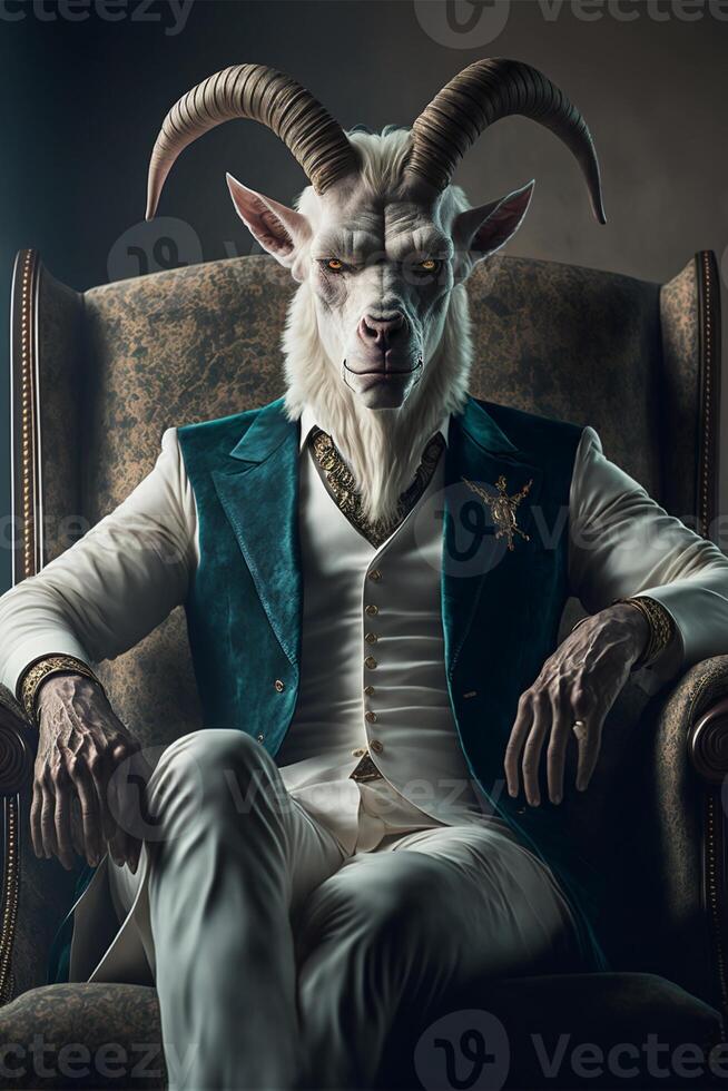 goat that is sitting in a chair. . photo