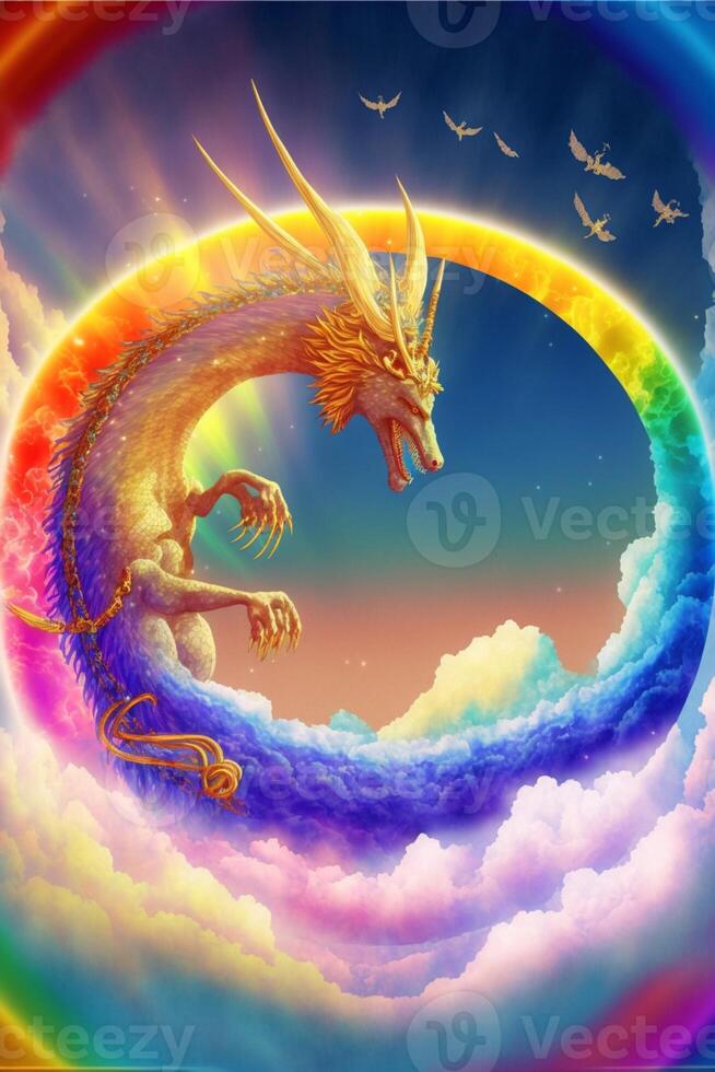 painting of a dragon with a rainbow in the background. . photo
