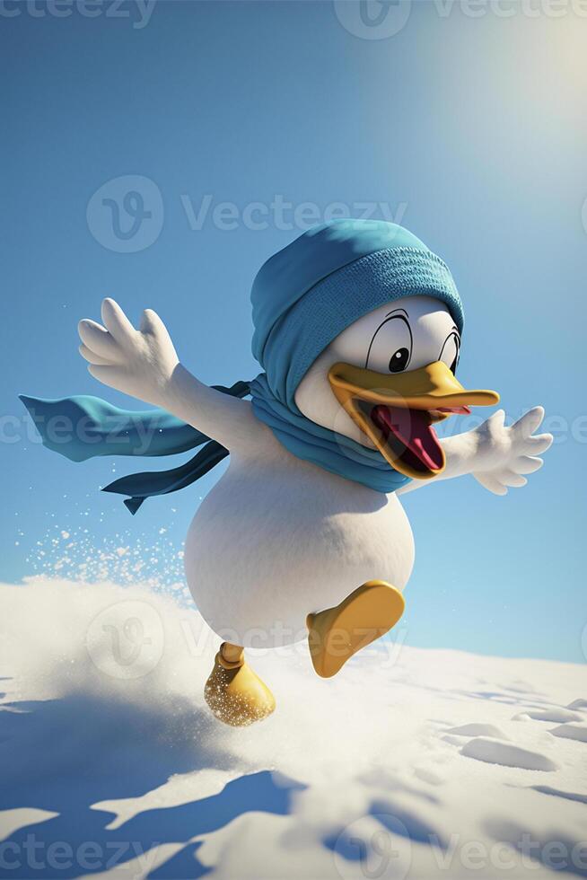 cartoon penguin is running in the snow. . photo