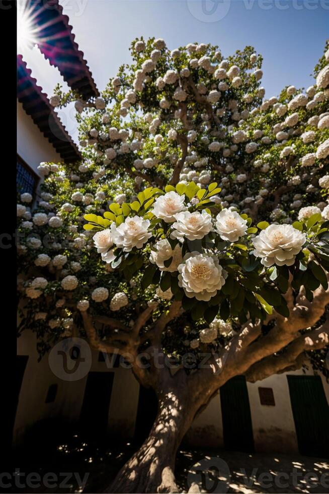 un camelia árbol en lleno floración. generativo ai. foto