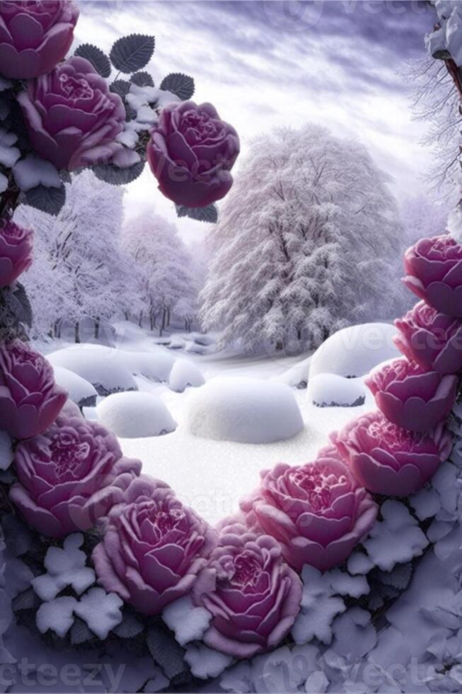 heart shaped wreath of pink roses in the snow. . photo