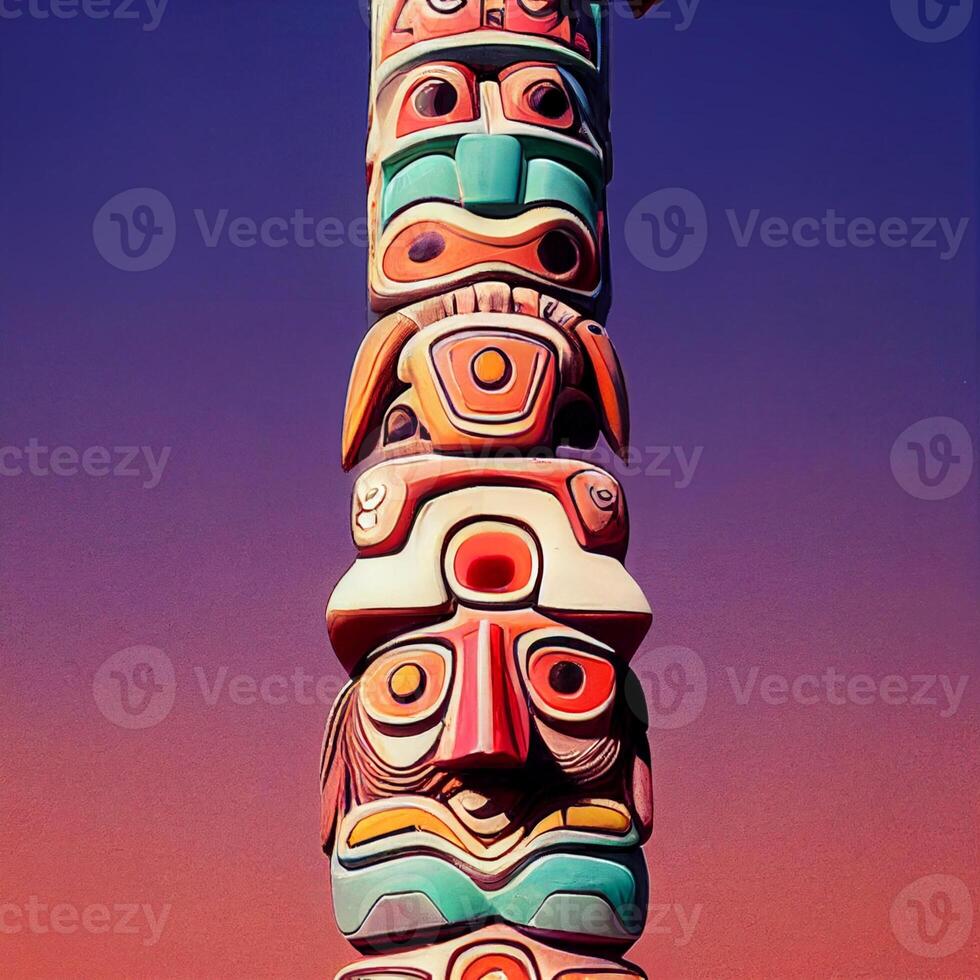 totem pole in front of a blue sky. . photo