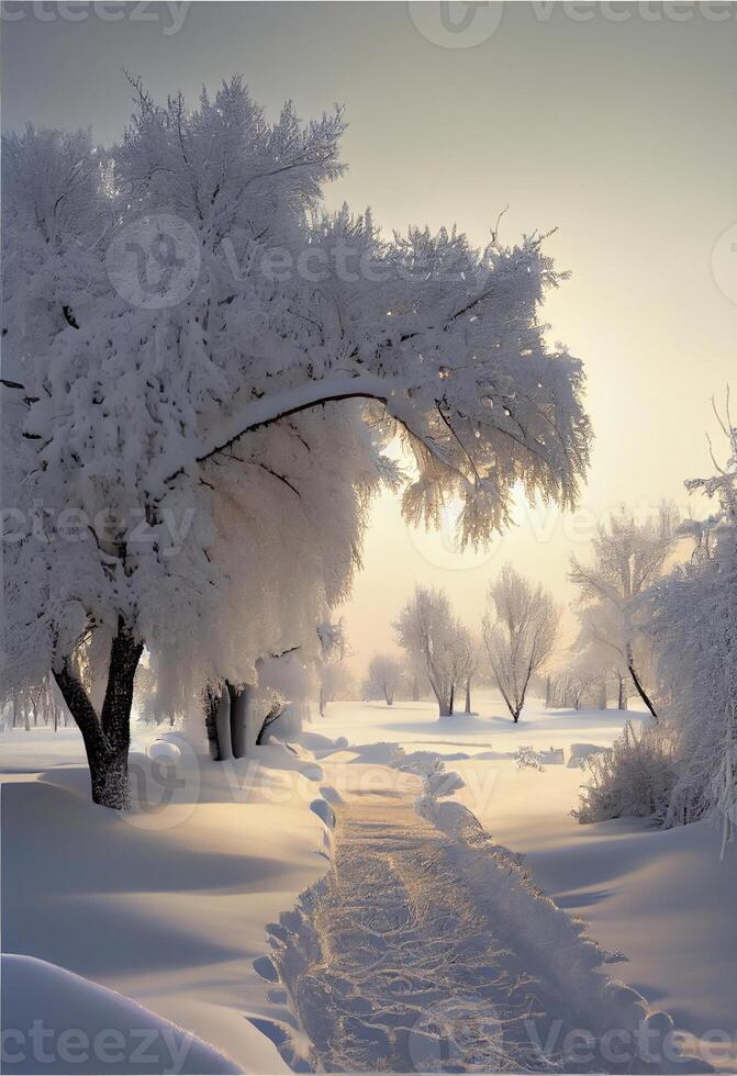 path is surrounded by snow covered trees. . photo