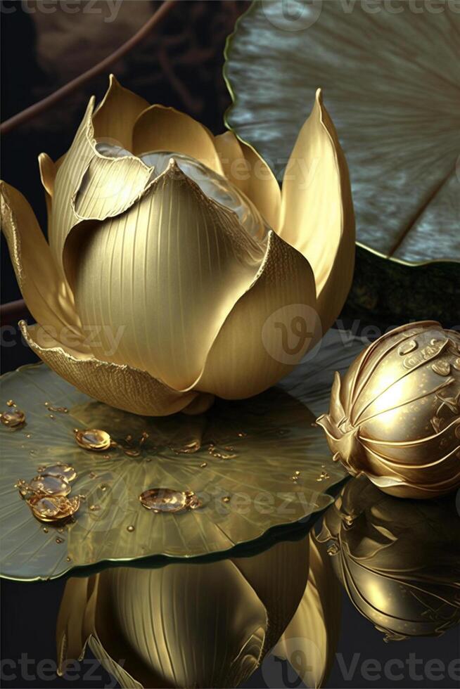 golden flower sitting on top of a green leaf. . photo