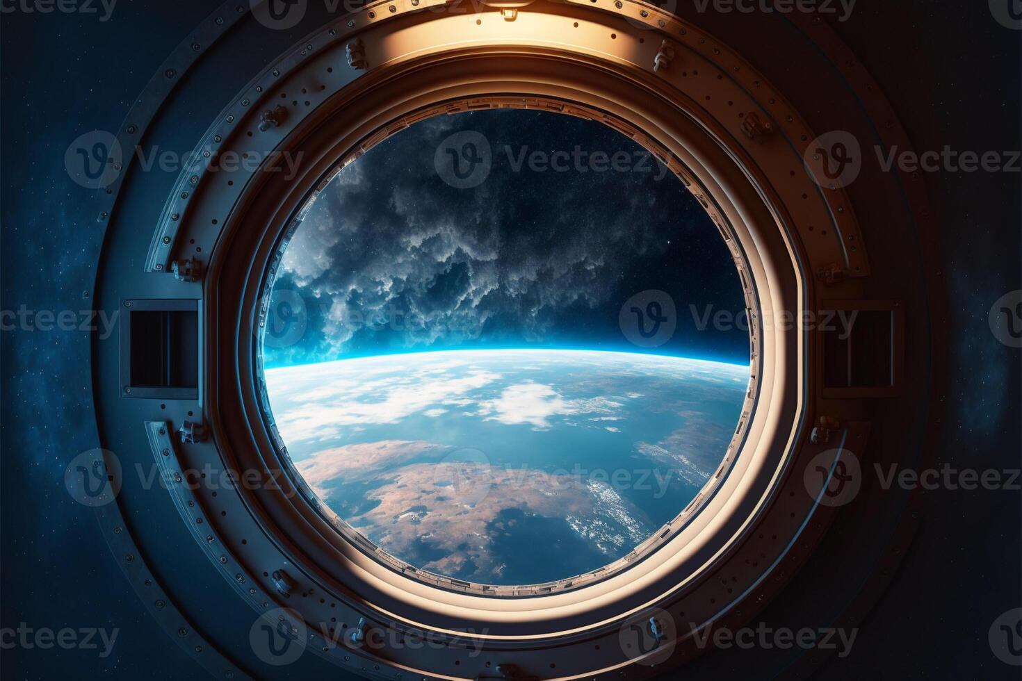 View from a porthole of space station on the Earth. photo