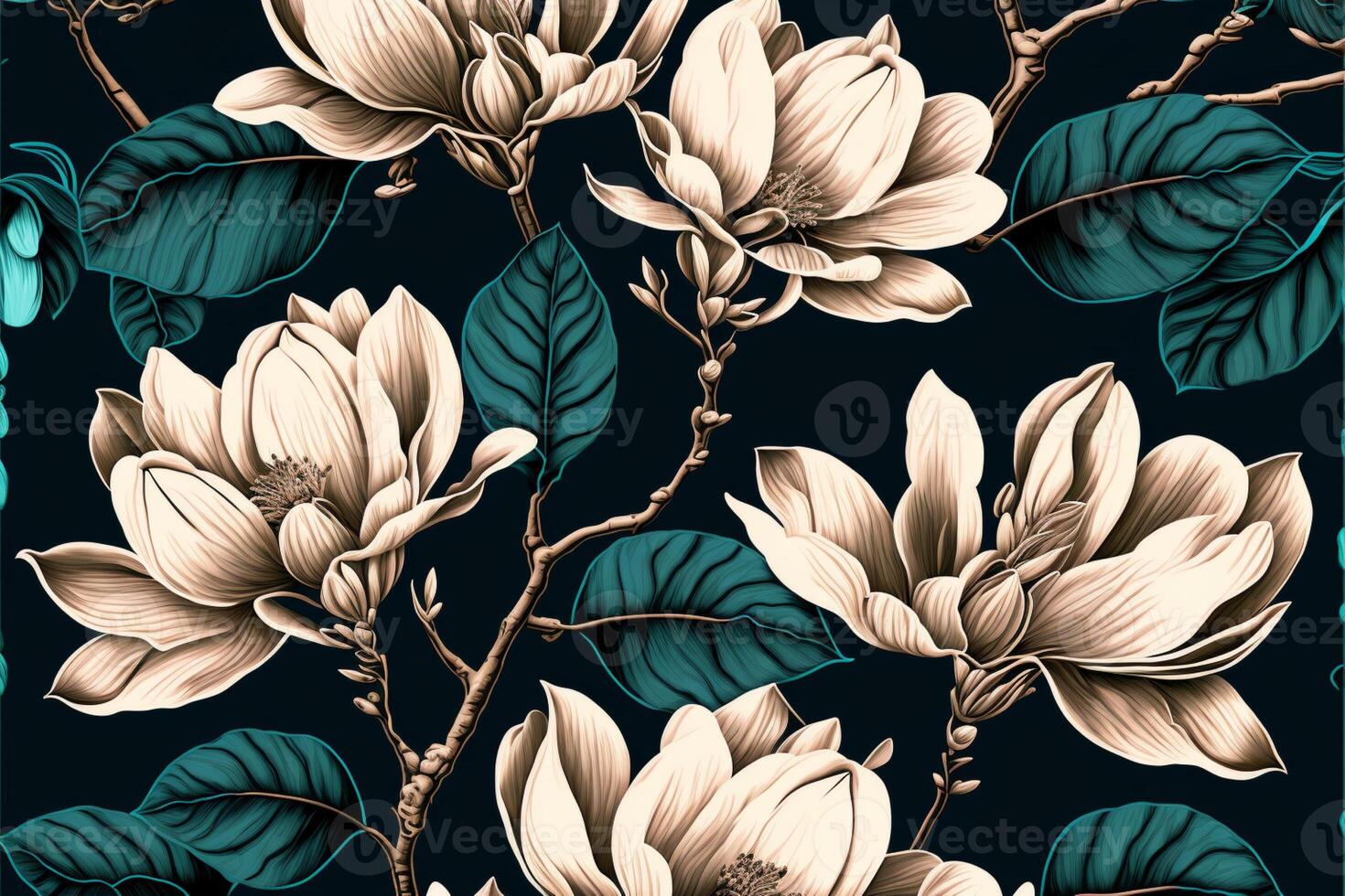 Seamless pattern with hand drawn magnolia flowers. photo