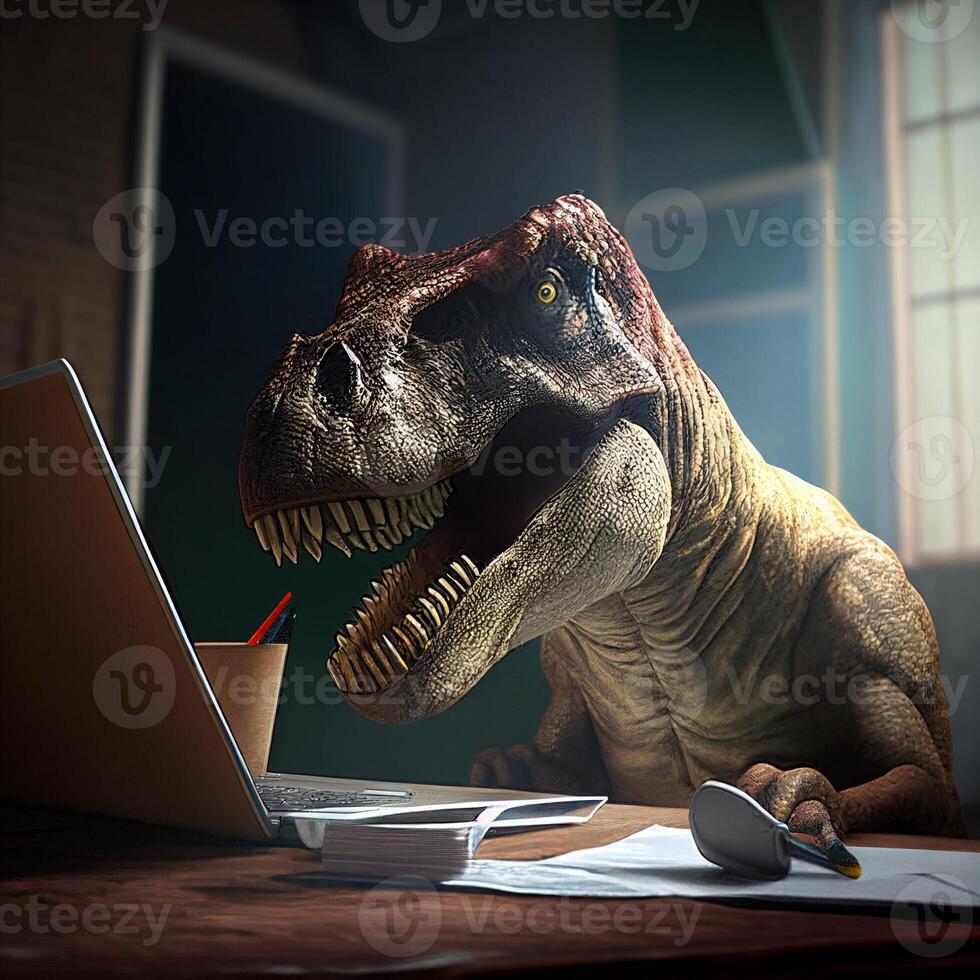 dinosaurio sentado en frente de un ordenador portátil computadora. generativo ai. foto