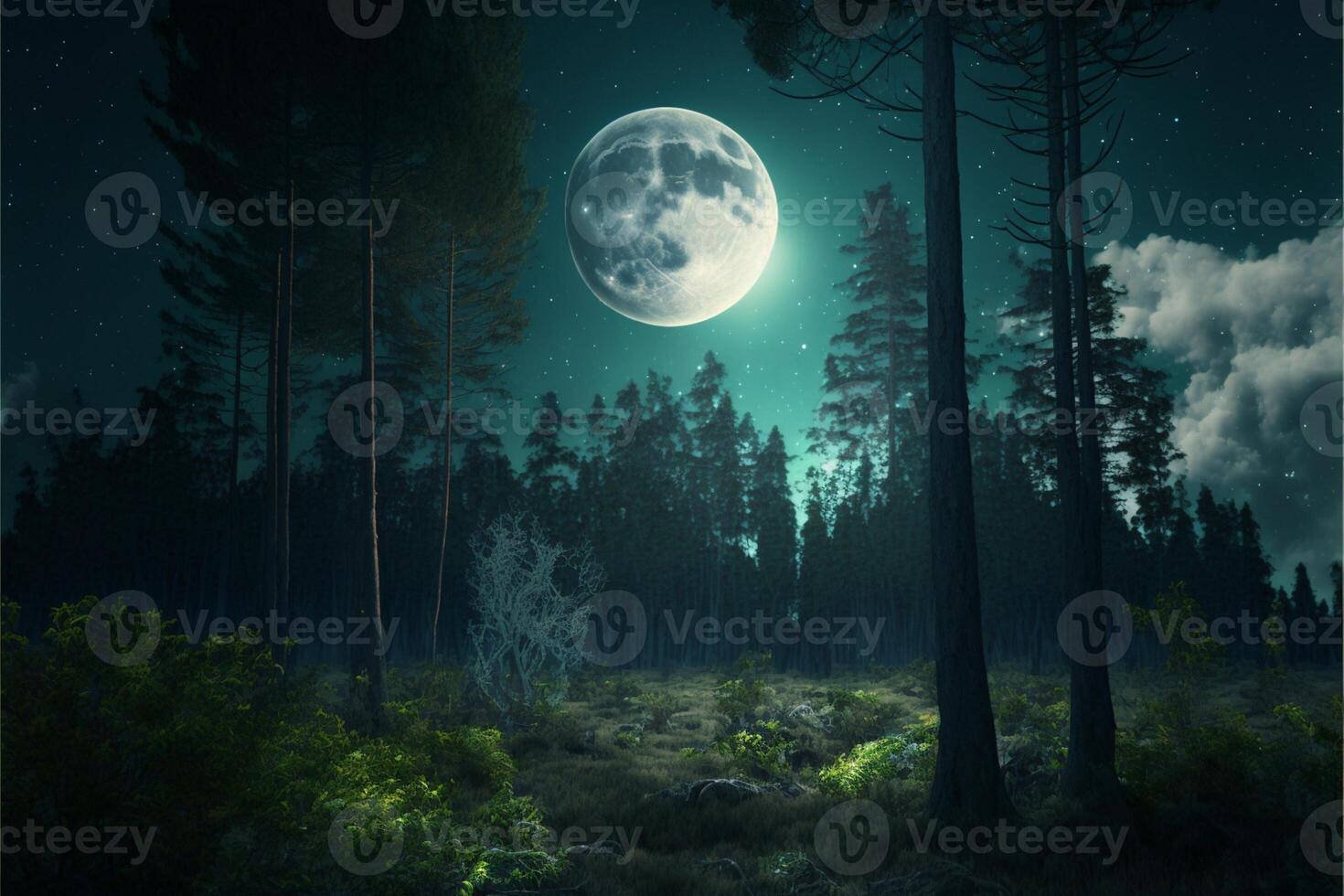 forest with moonrise between the trees evening sky moon. photo