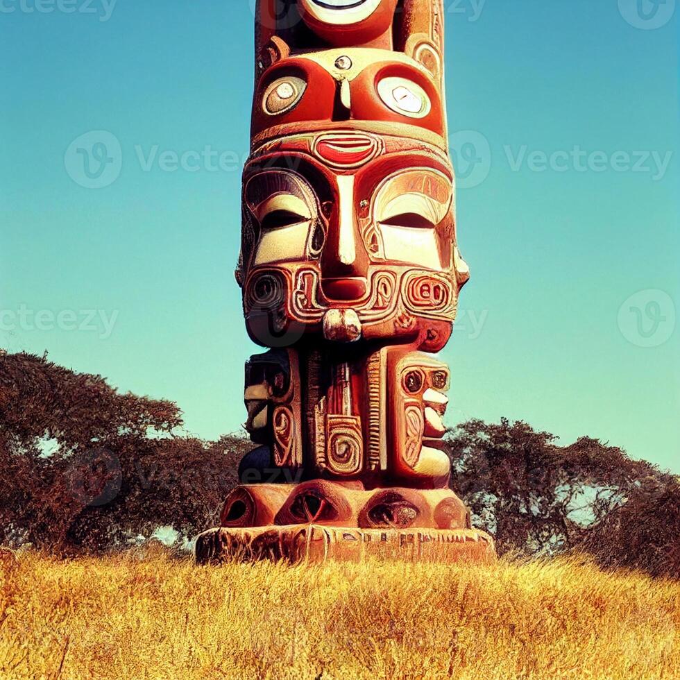 totem pole in a field with trees in the background. . photo