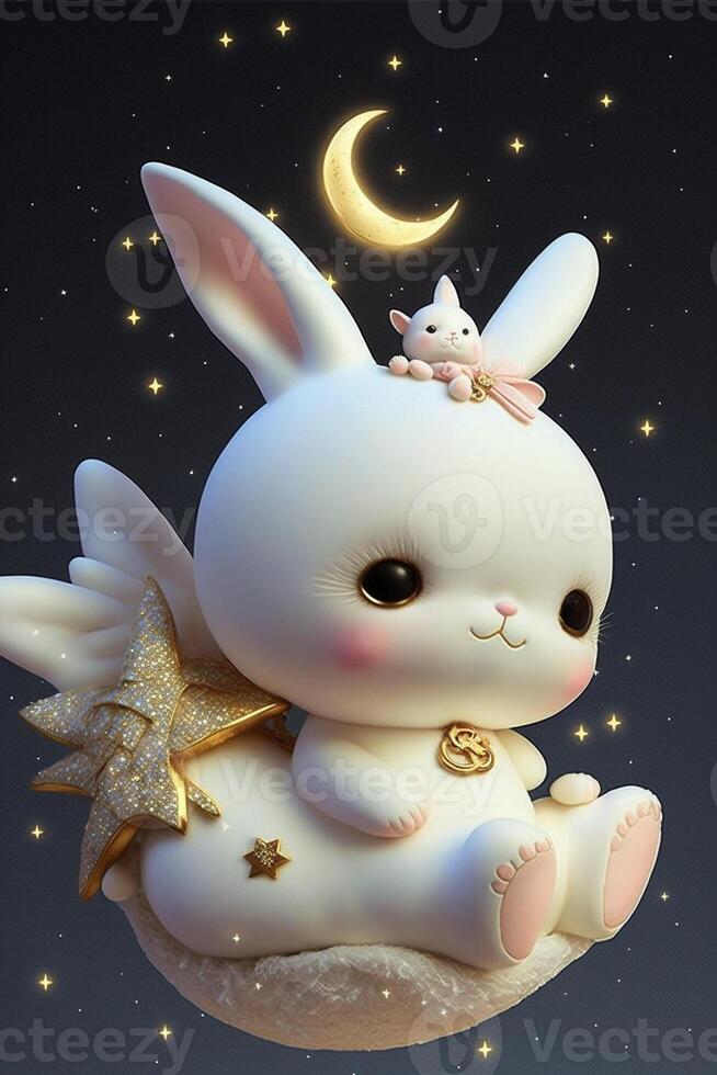 white bunny sitting on top of a moon. . photo