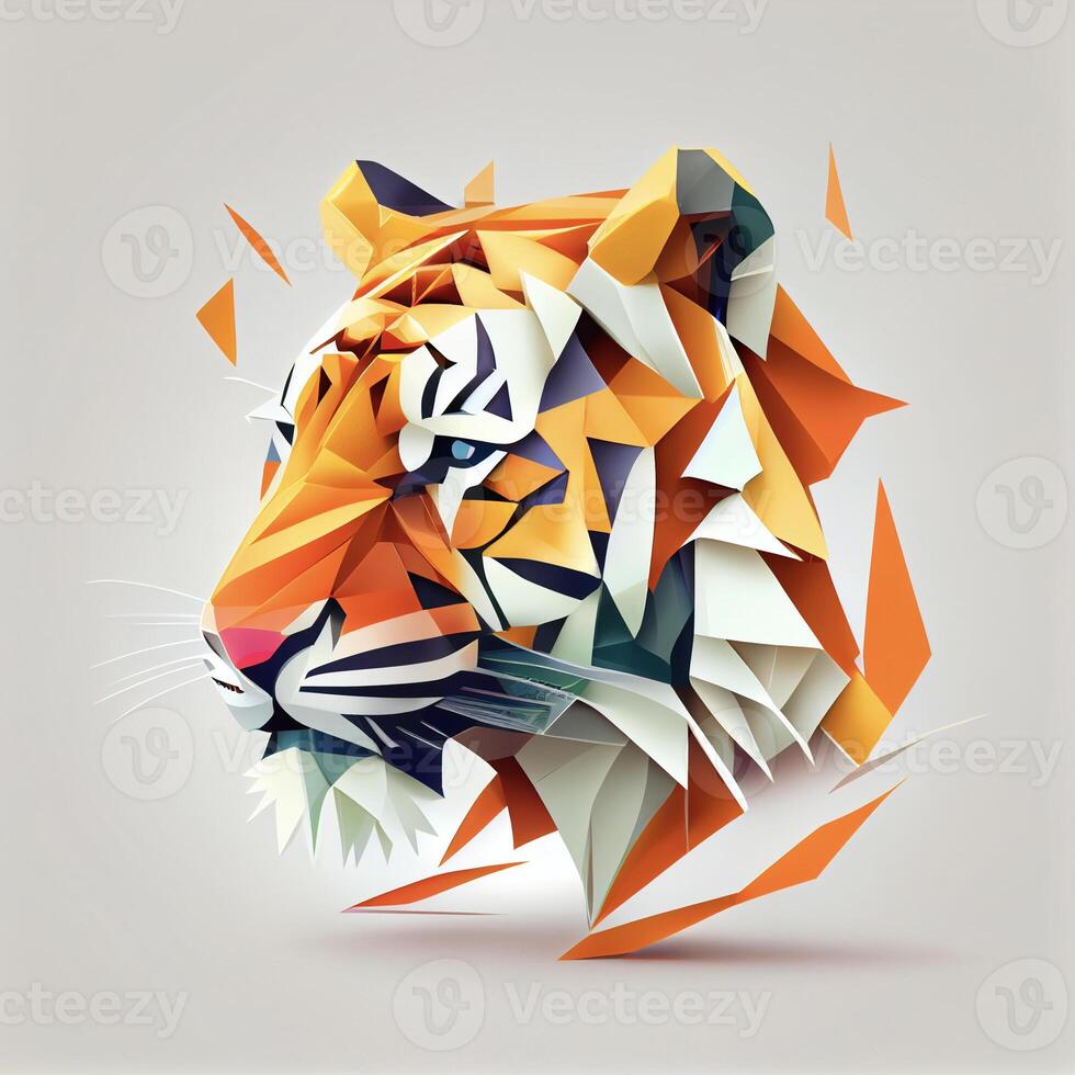 close up of a tigers head made of origami paper. . photo