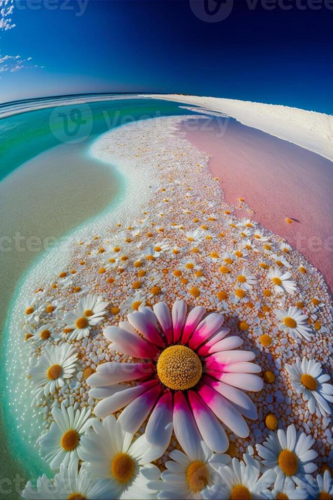 pink and white flower sitting on top of a sandy beach. . photo