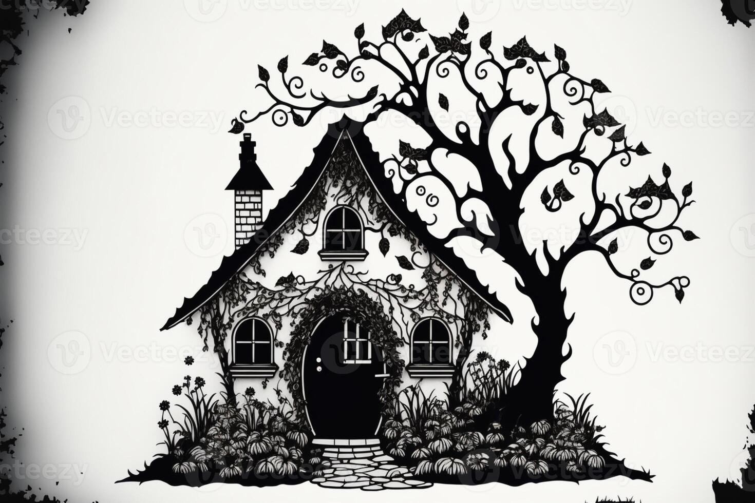 fairy house silhouette svg fine lines on a white background. photo