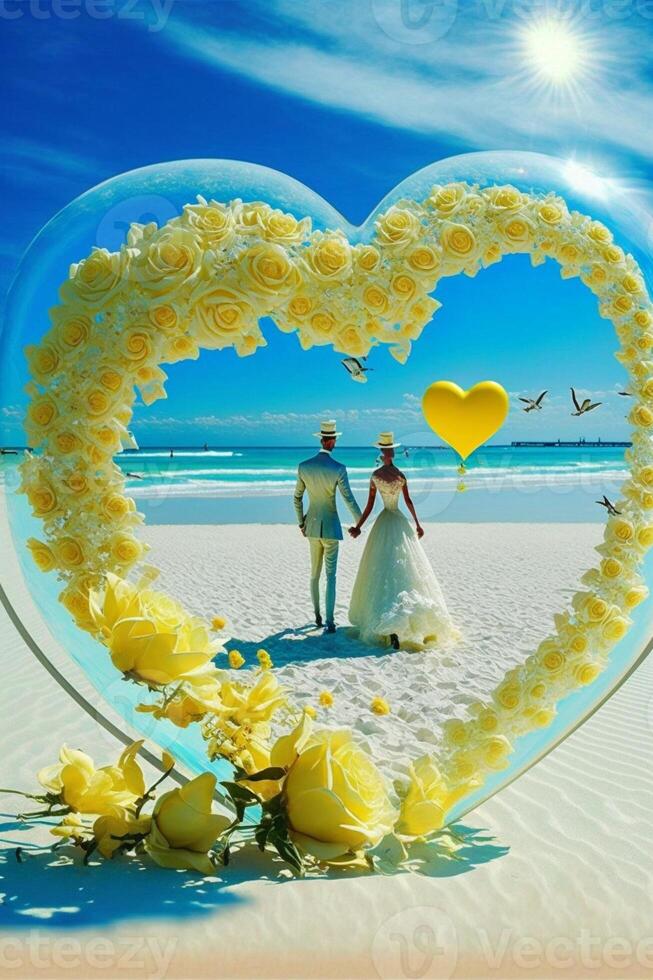 man and a woman standing next to each other on a beach. . photo