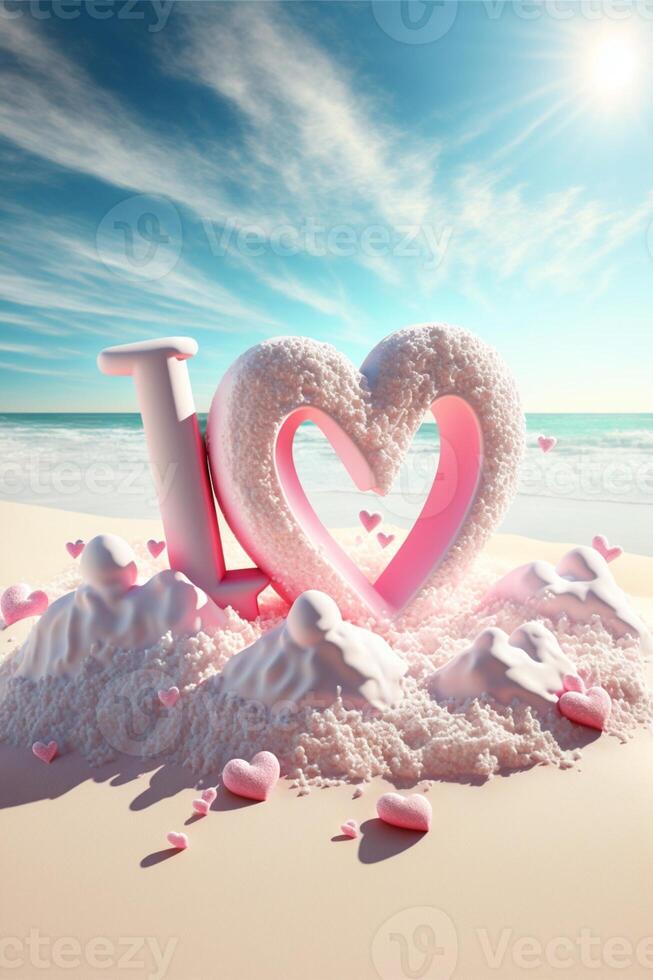 heart shaped cake sitting on top of a sandy beach. . photo