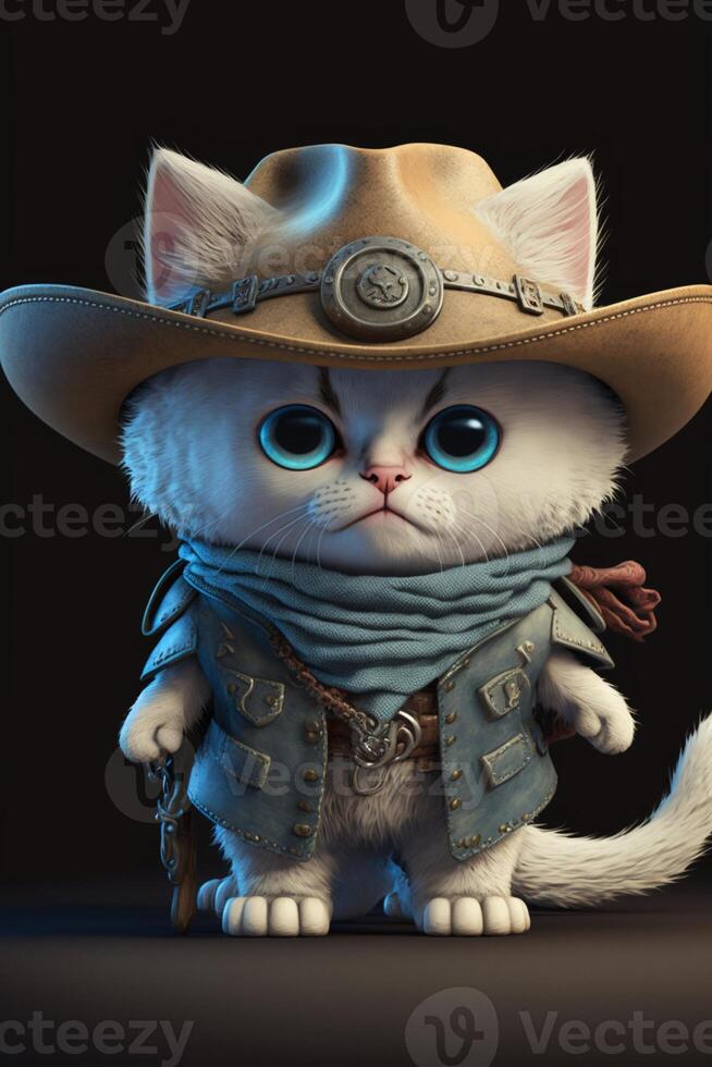white cat wearing a cowboy hat and scarf. . photo