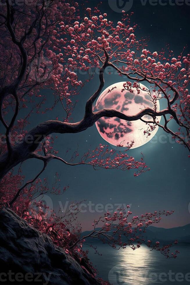 painting of a tree with a full moon in the background. . photo