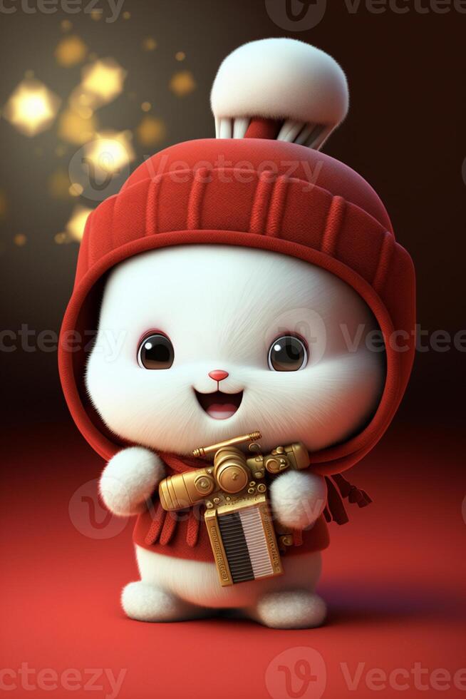 white rabbit wearing a red hat and holding a present. . photo