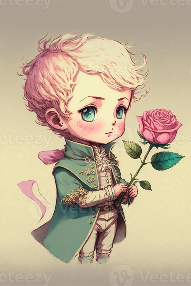 drawing of a boy surrounded by flowers. . photo